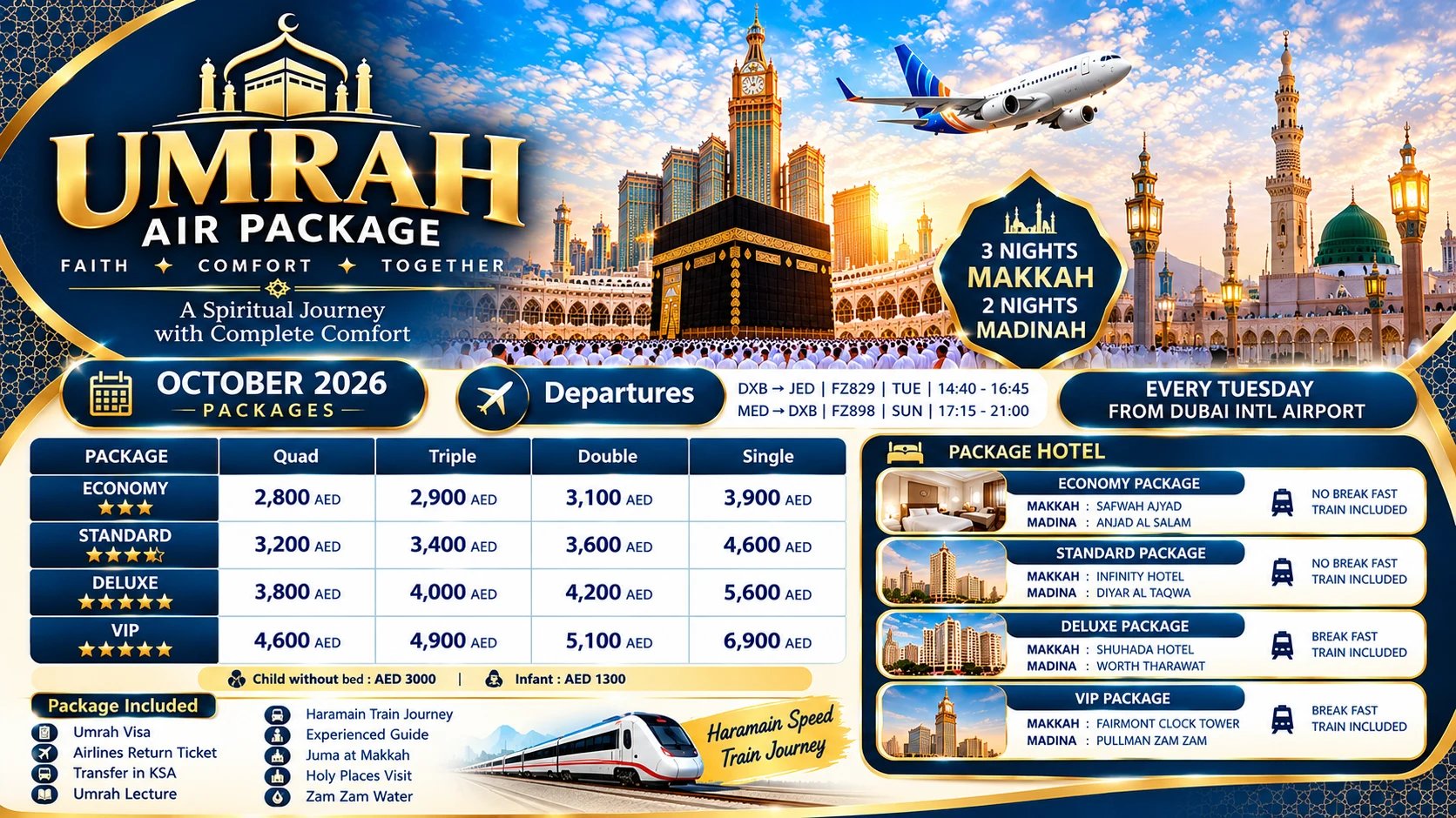 October 2026 Umrah Air Package from Dubai: 3 nights Makkah and 2 nights Madinah, departures every Tuesday